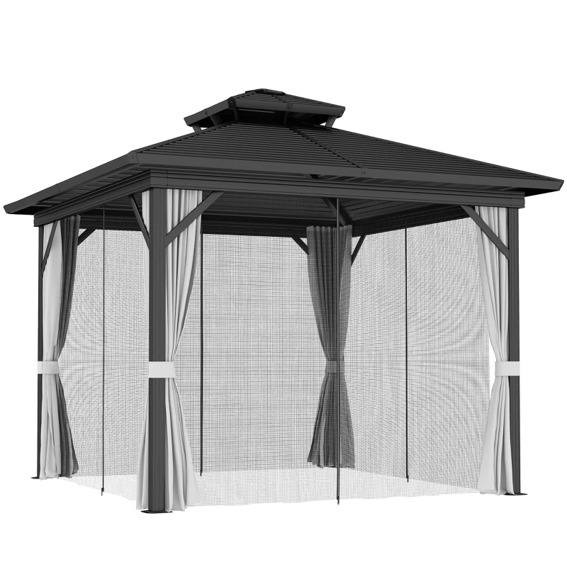 Outsunny 10' x 10' Hardtop Gazebo, Sun Shelter with Double Tier Metal Roof, Mosquito Netting, and Hanging Hook, Light Grey