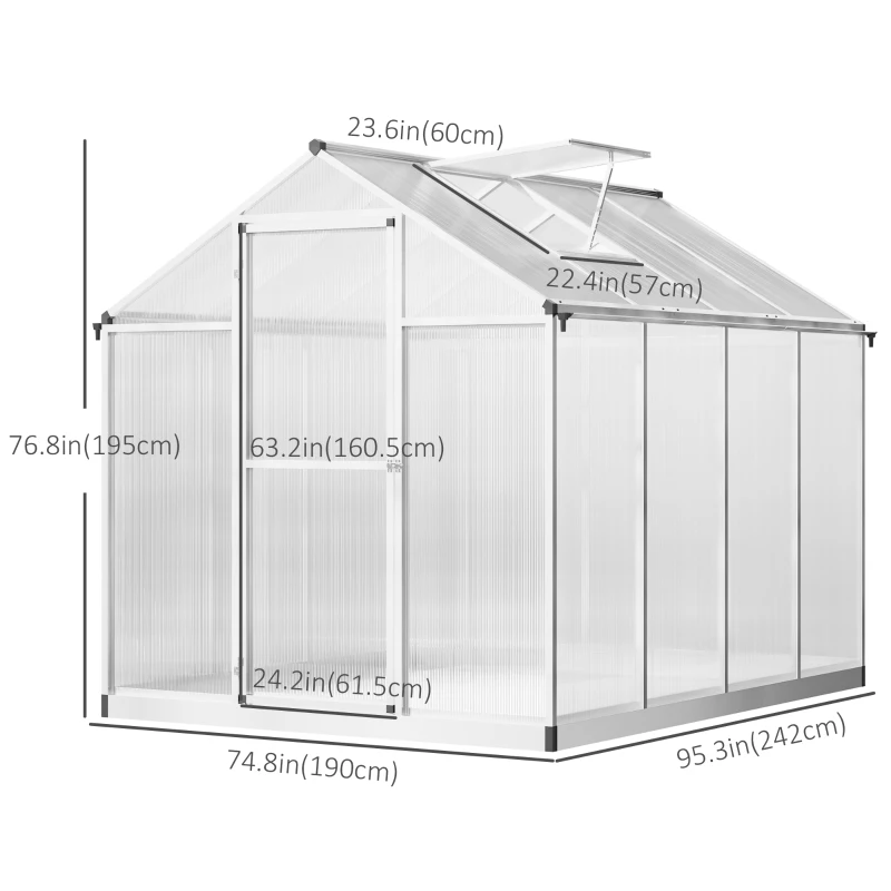 Outsunny 6' x 8' x 6.4' Polycarbonate Greenhouse, Aluminum Walk-In Green House Kit Garden, Plants Grow with Rain Gutter and Roof Vent, Silver