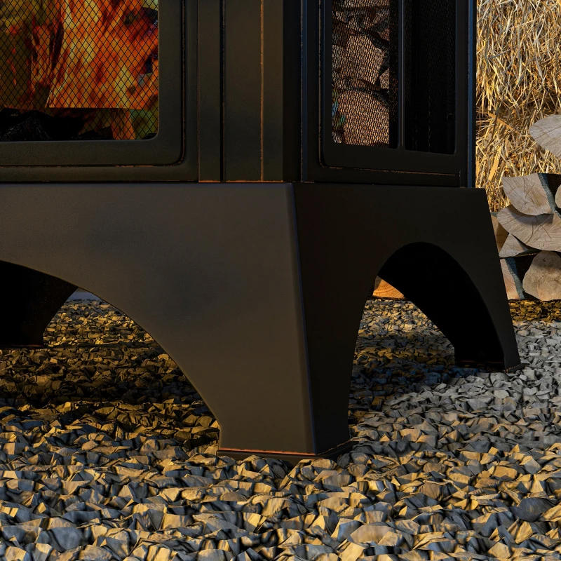 Outsunny Wood-Burning Fire Pit, Chimney Style Firepit with Poker, 28" x 28", Black