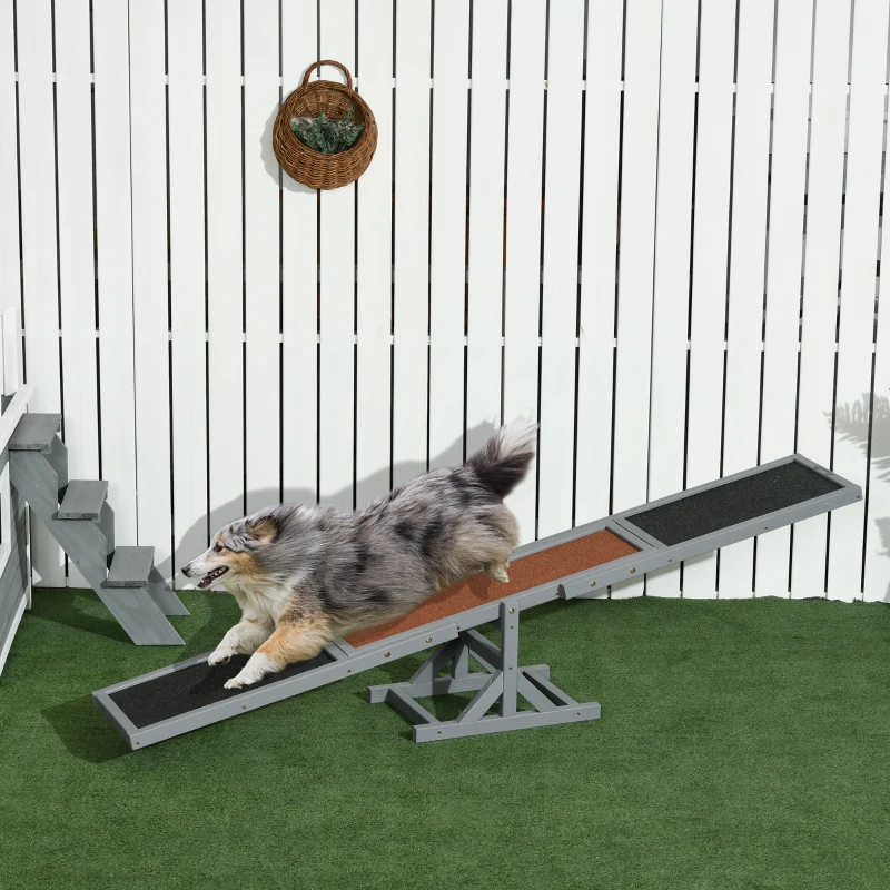 PawHut Wood Pet Seesaw Platform Dog Agility Training Equipment Run Game Toy Weather Resistant Pet Supplies Grey