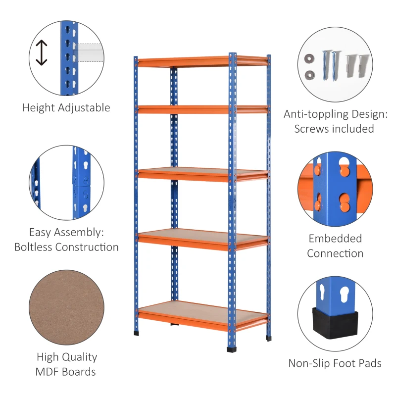 HOMCOM 5-Tier Heavy Duty Garage Shelf, Metal Shelving Unit with Adjustable Shelves, Metal Frame, 31.5"x15.75"x71.75", 3300 lbs Capacity for Workshop, Shed, Office