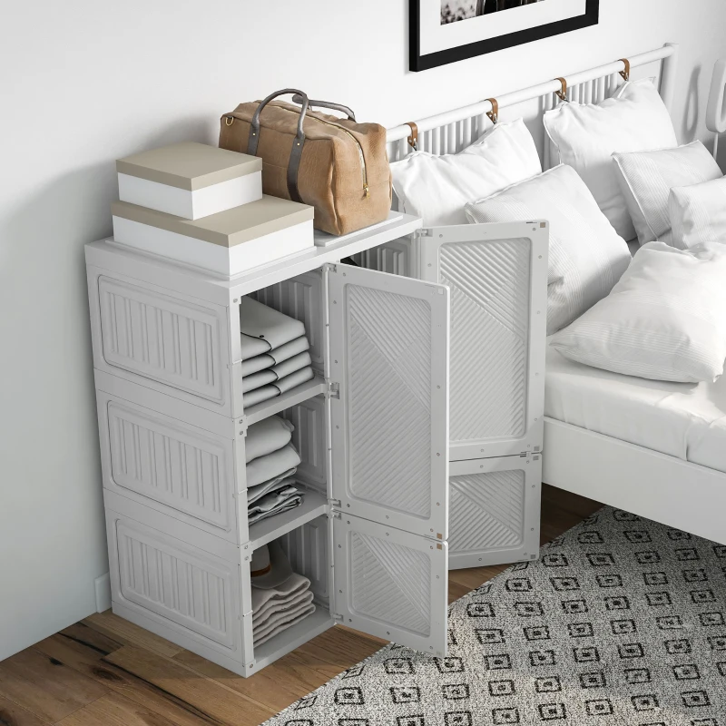 HOMCOM Portable Wardrobe, Foldable Clothes Storage Organizer with 3 Compartments, Hanging Rod, Magnet Doors, White