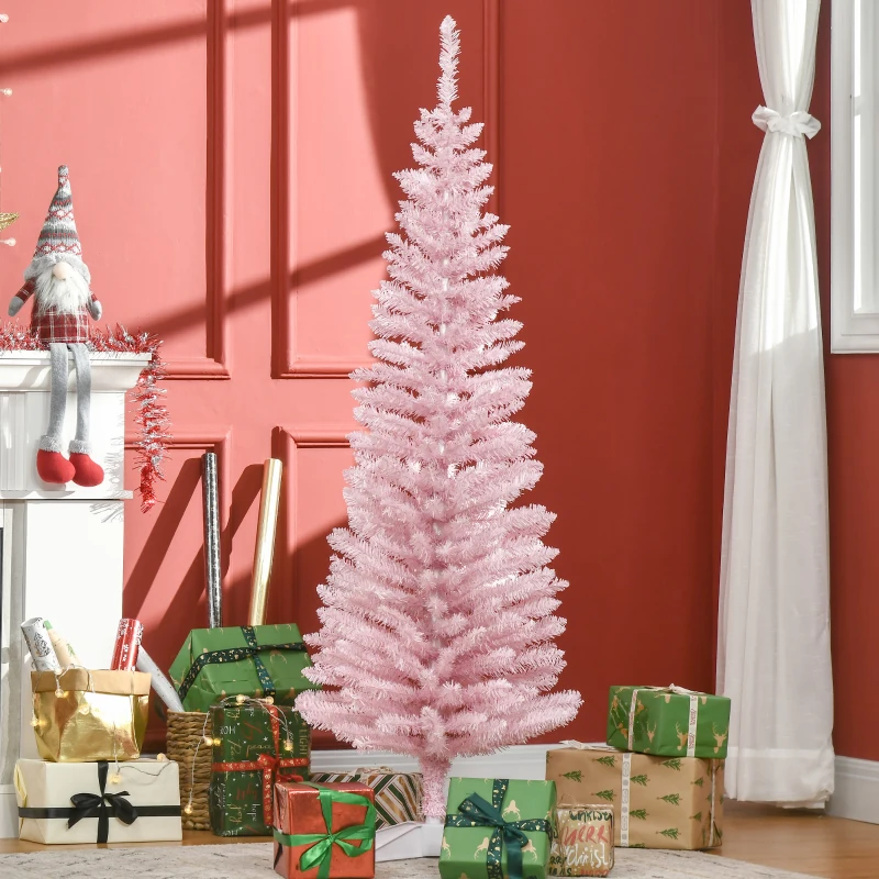 HOMCOM 5' Artificial Pencil Christmas Tree, Slim Xmas Tree with 294 Realistic Branch Tips and Plastic Stand, Pink