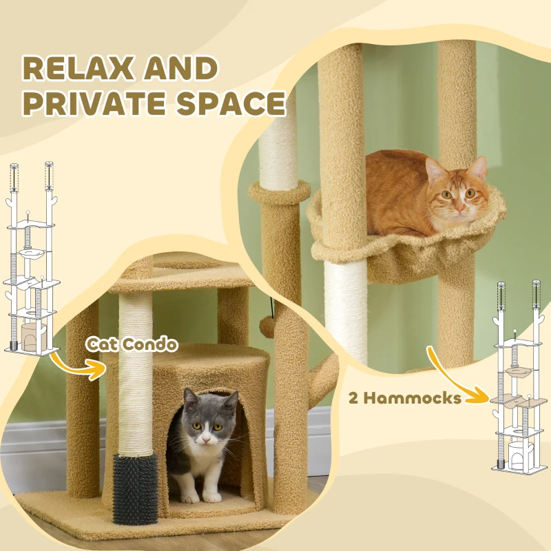 PawHut 89"-100" Floor to Ceiling Cat Tree Cat Tower for Large Cats w/ Scratching Posts, Grooming Brush Post, Cat Condo, Brown
