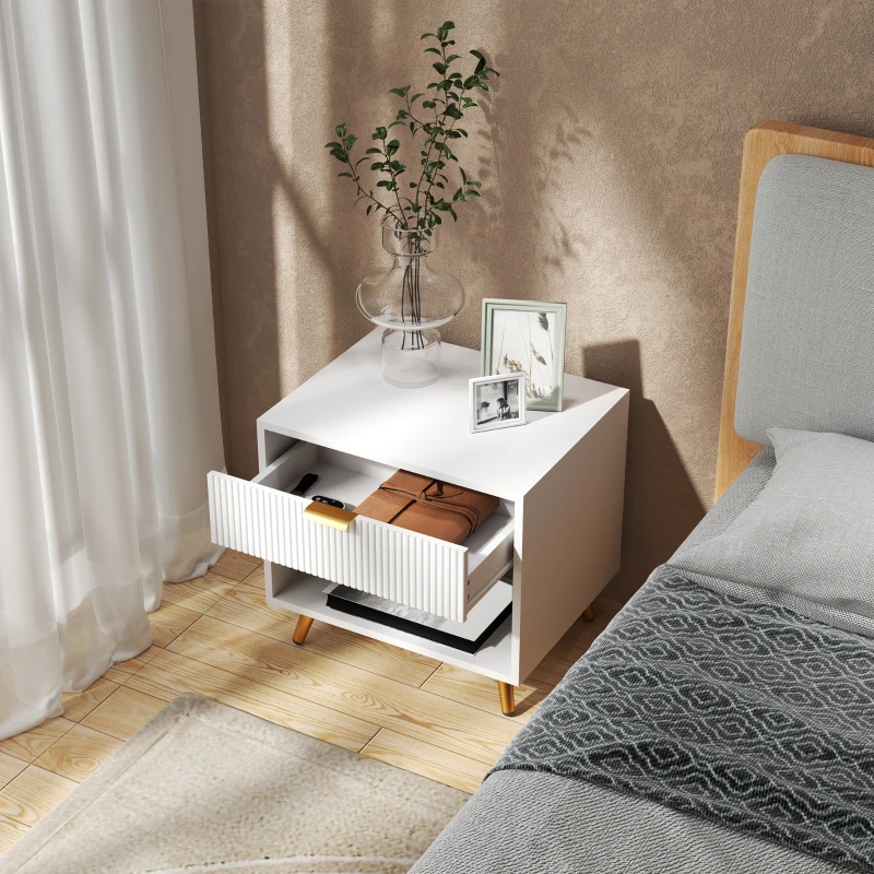 HOMCOM Nightstand with Fluted Panel, Bedside Table with Drawer and Open Compartment, Modern Night Table for Bedroom, White