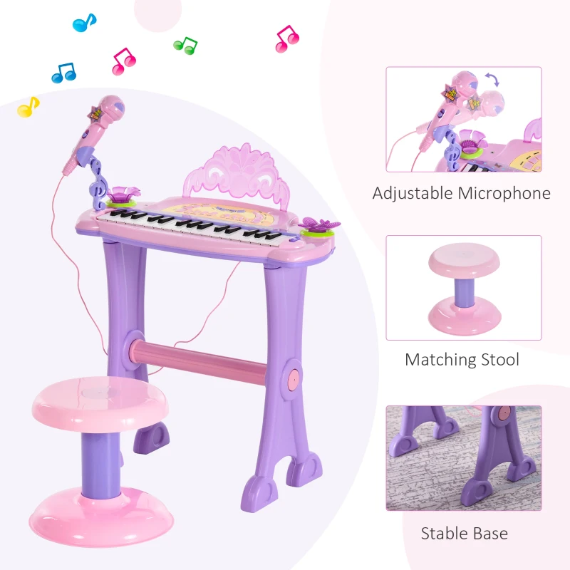 Qaba 32-Key Princess Electronic Toy Piano for Kids, Educational Keyboard Piano with Stool, MP3, Record, Flashing Lights, Microphone for 3-6 Years, Pink