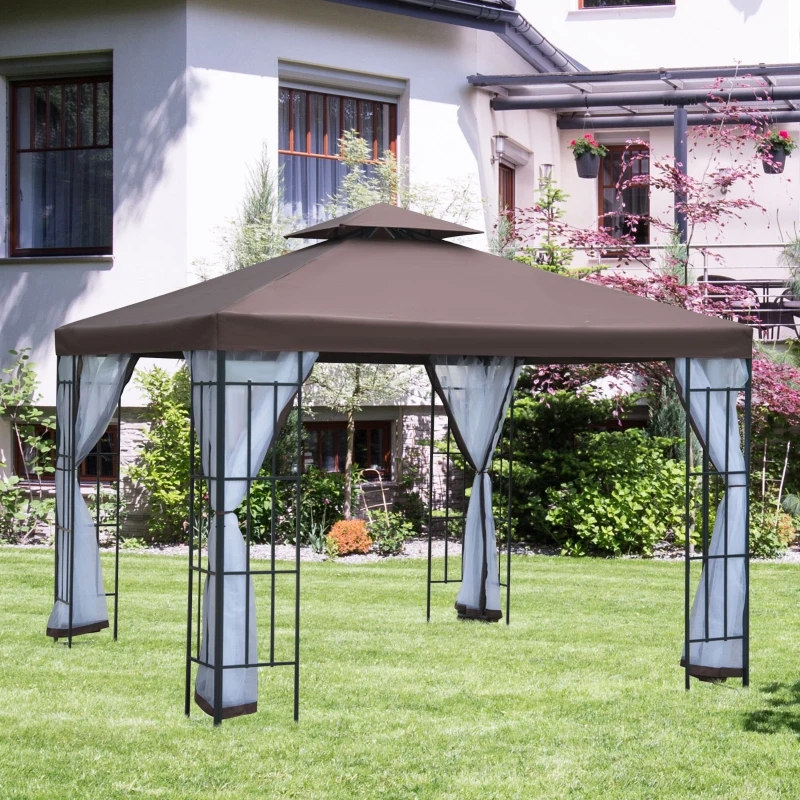 Outsunny 10'x10' Garden Gazebo Patio Canopy Portable Party Event Backyard w/ Mosquito Netting Coffee