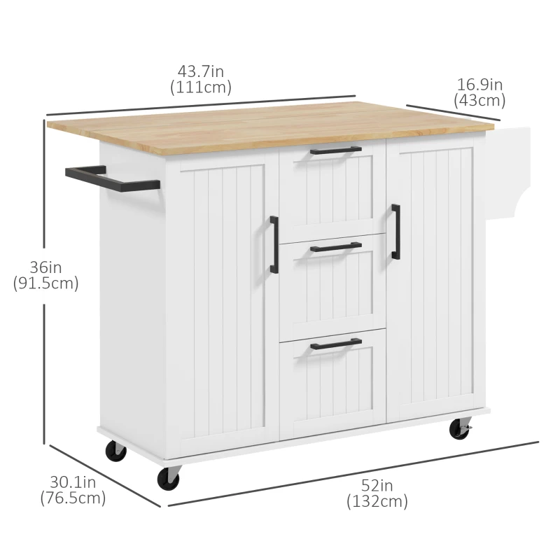 HOMCOM Rolling Kitchen Cart on Wheels with Drop Leaf, Kitchen Island with 3 Drawers, Solid Wood Top and Towel Rack, White