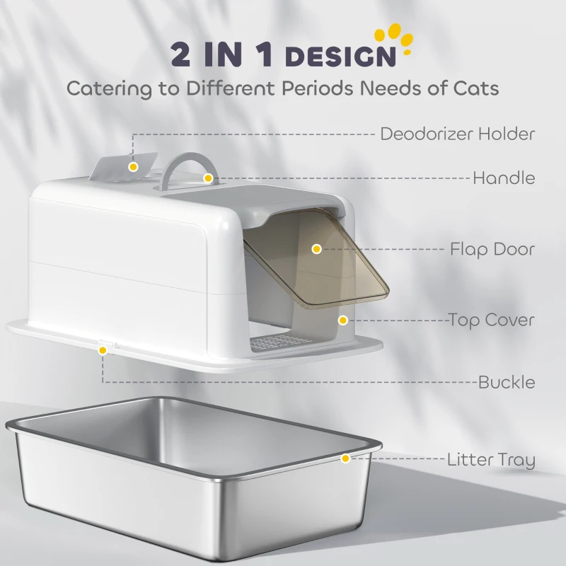 PawHut 2 in 1 Stainless Steel Cat Litter Box with Removable Lid, Scoop, Filter Bags, for Small to Large Cats, White