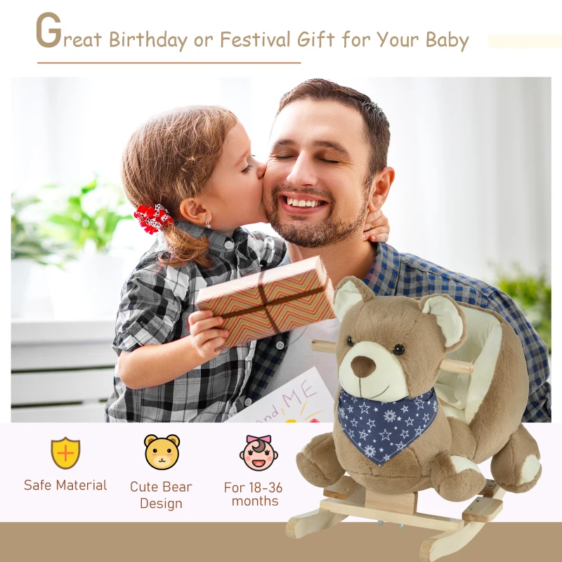 Qaba Baby Rocking Horse Bear Design Plush Stuffed Rocking Chair, Wooden Rocking Horse with Sound, Seat Belt for Boys and Girls Gift, Brown