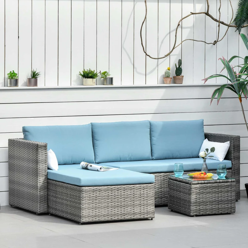 Outsunny 3-Piece Patio Furniture Set Modern Sectional Sofa Rattan Chair Wicker Conversation Set Outdoor Hand Woven Rattan Wicker Furniture Patio Coffee Table Sofa Set, Blue