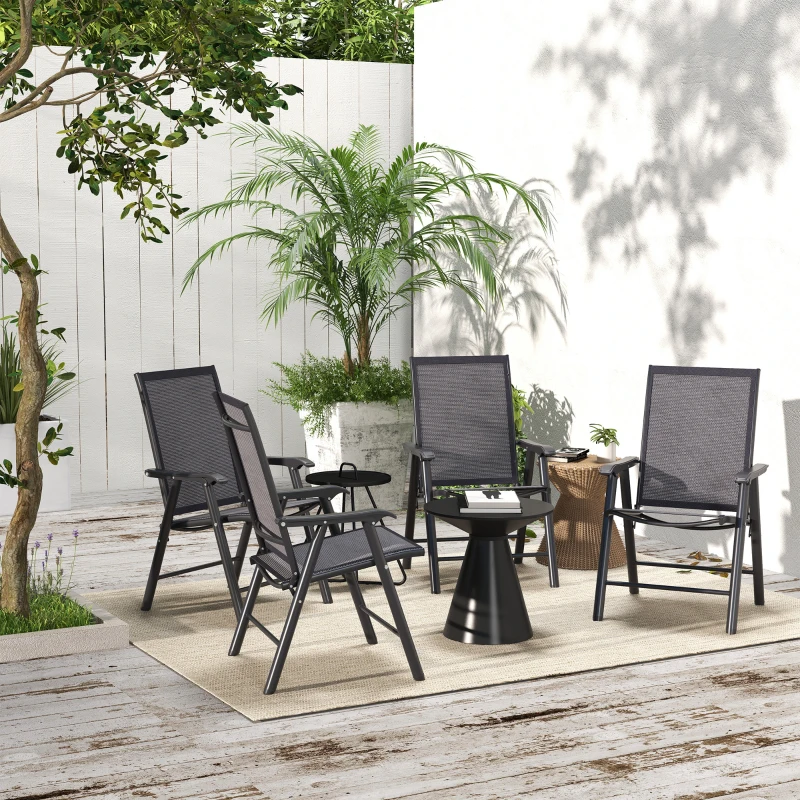 Outsunny 4-Piece Folding Chair Set for Relaxing on Patio Balcony Garden, Comfortable Outdoor Furniture with Armrests, Dark Grey