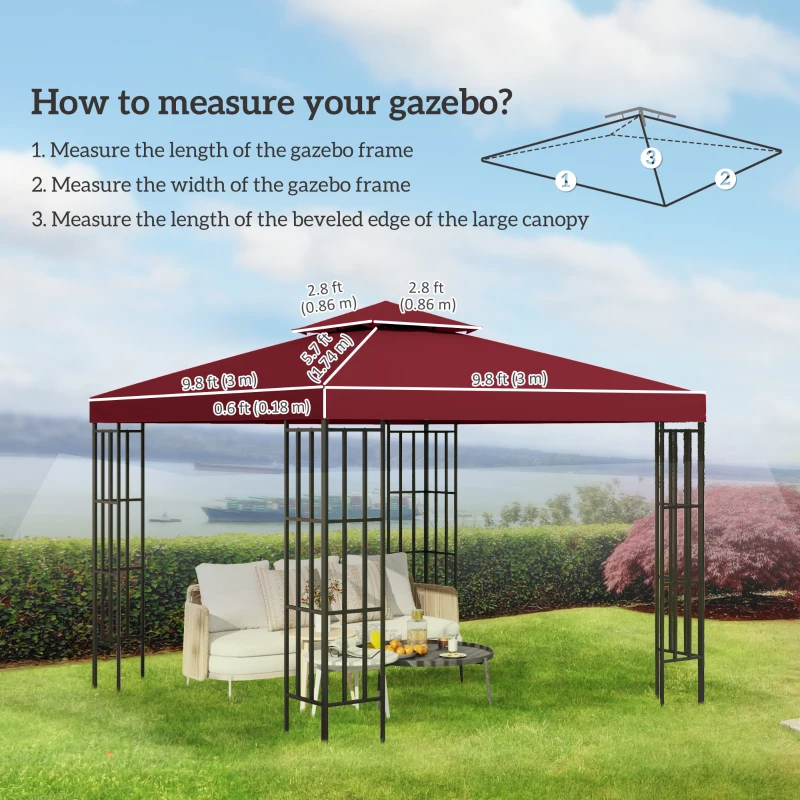 Outsunny 10' x 10' Square 2-Tier Gazebo Canopy Replacement Top Cover Outdoor Garden Sun Shade, Wine Red