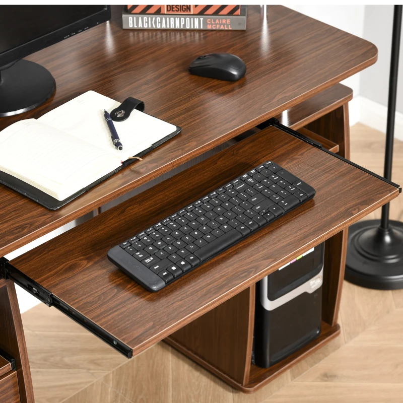 HOMCOM Computer Desk with Keyboard Tray, CPU Stand, Writing Desk with Drawers, Workstation for Home Office, Walnut Brown