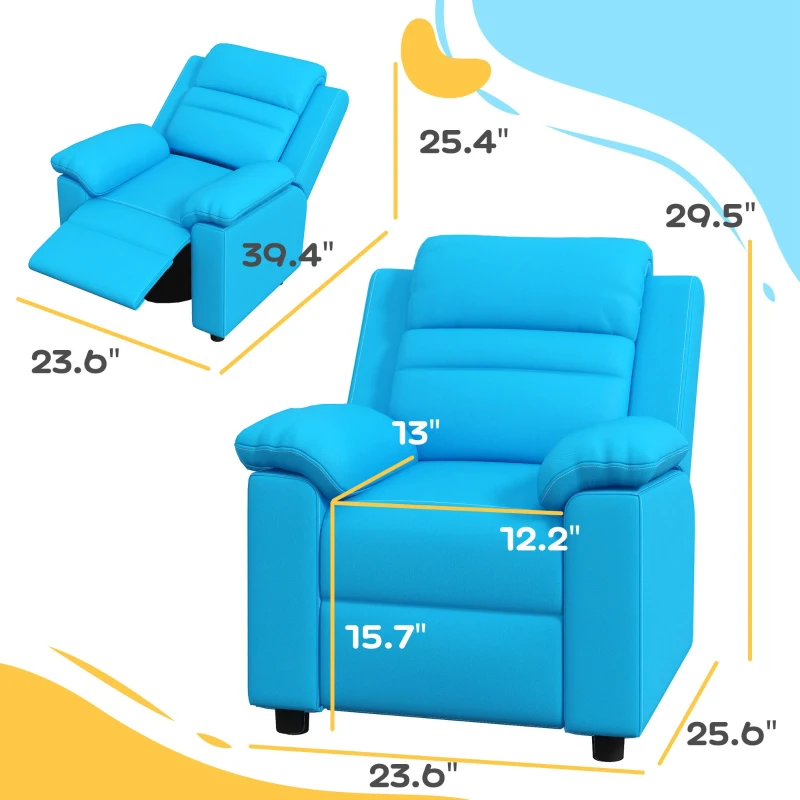 Qaba Kids Leather Recliner Chair with Armrest, Footrest, Headrest for Boys and Girls 3-9 Years Old, Blue