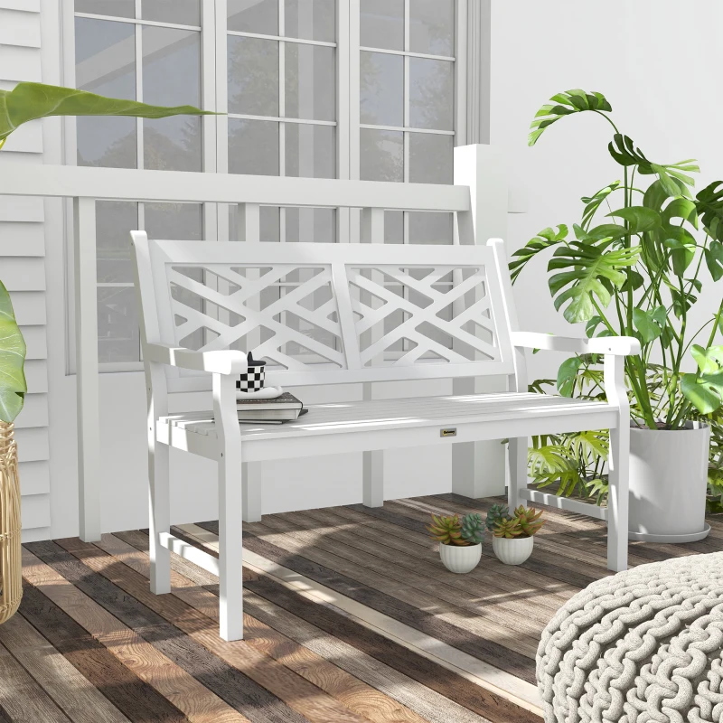 Outsunny Outdoor Garden Bench, Wooden Frame Patio Bench with Geometric Pattern, 43.25 Inch Weatherproof 2-Person Love Seat for Garden, Lawn, Porch, Yard, Work Entryway, White