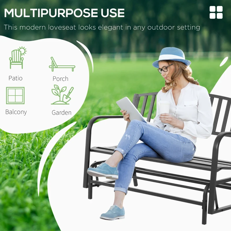 Outsunny Outdoor Glider Bench, Glider Bench for Outside Patio with Armrests, Slatted Seat & Backrest, Loveseat with Power Coated Steel Frame, Black