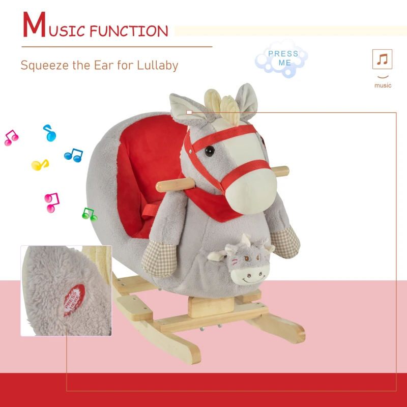 Qaba Kids Ride On Rocking Horse with Cradlesong Handle Grip Hand Puppet Traditional Toy Gift for Children 18-36 Months Rocking Toy for Toddler Grey