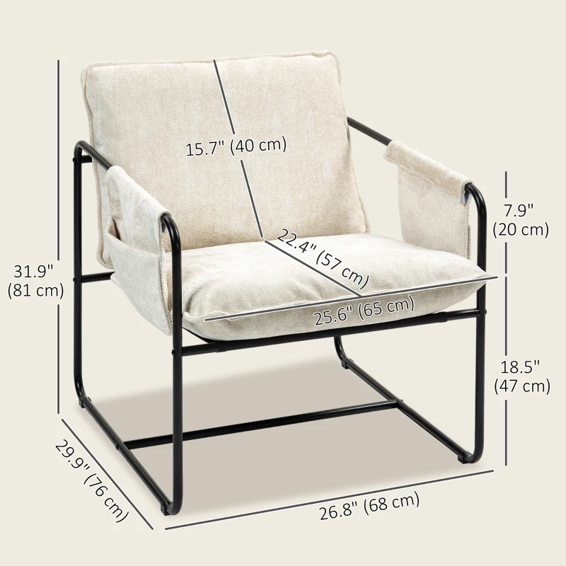HOMCOM Modern Accent Chair, Upholstered Armchair with Side Pockets and Steel Frame, Comfy Reading Chair for Bedroom, Beige