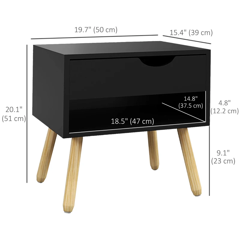 HOMCOM Set of 2 Nightstands with Storage Drawer and Shelf, Modern Bedside Table for Bedroom, Black