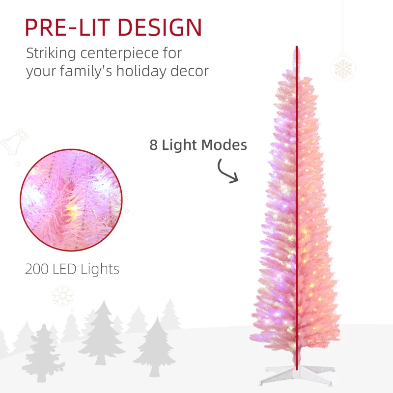 HOMCOM 6' Prelit Christmas Trees, Pencil Artificial Christmas Tree with Colorful Surface Branches, Colorful LED Lights, Pink