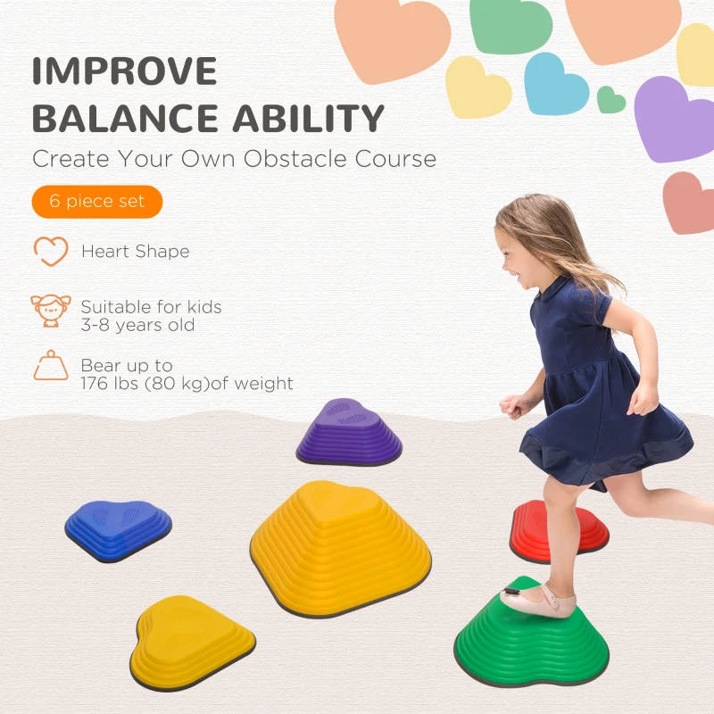 Qaba 6PCs Non-Slip Stackable Kids Stepping Stones, Heart-Shaped