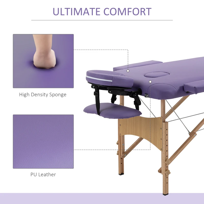 HOMCOM 83 Inch Portable Folding Massage Table, Height Adjustable Professional Salon Spa Facial Couch Bed with Free Carrying Case, Headrest, Armrests, Purple