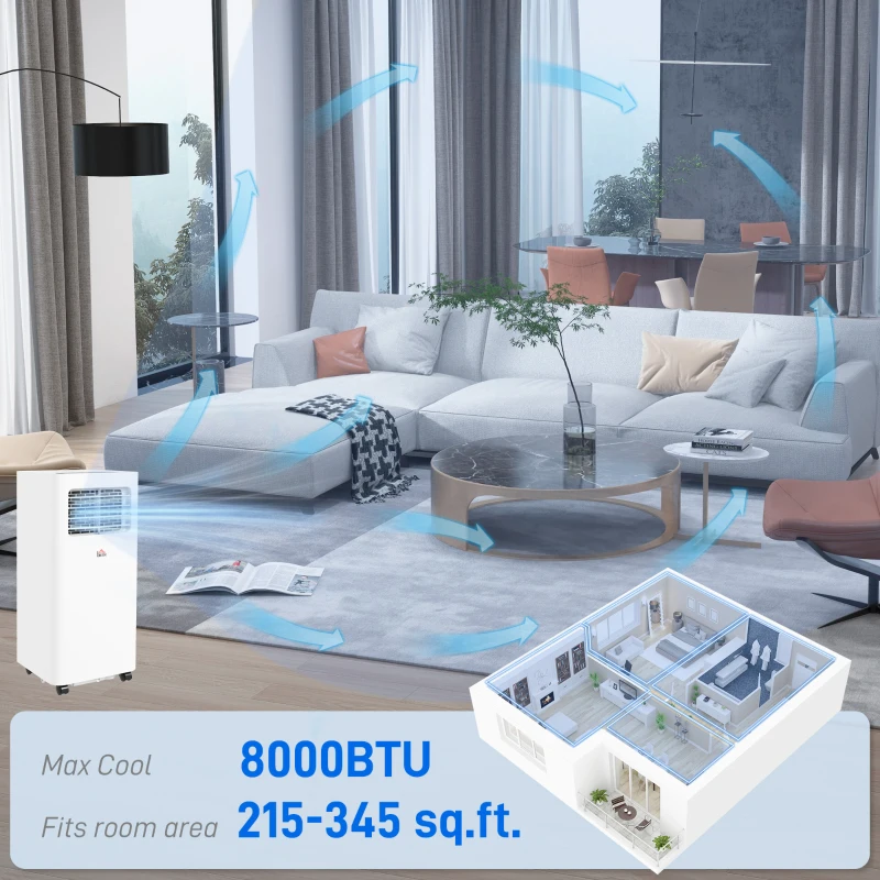 HOMCOM 8000 BTU Mobile Air Conditioner, 345 Sq. Ft., AC Unit with Dehumidifier, Sleep, 24H Timer On/Off, Window Kit, White
