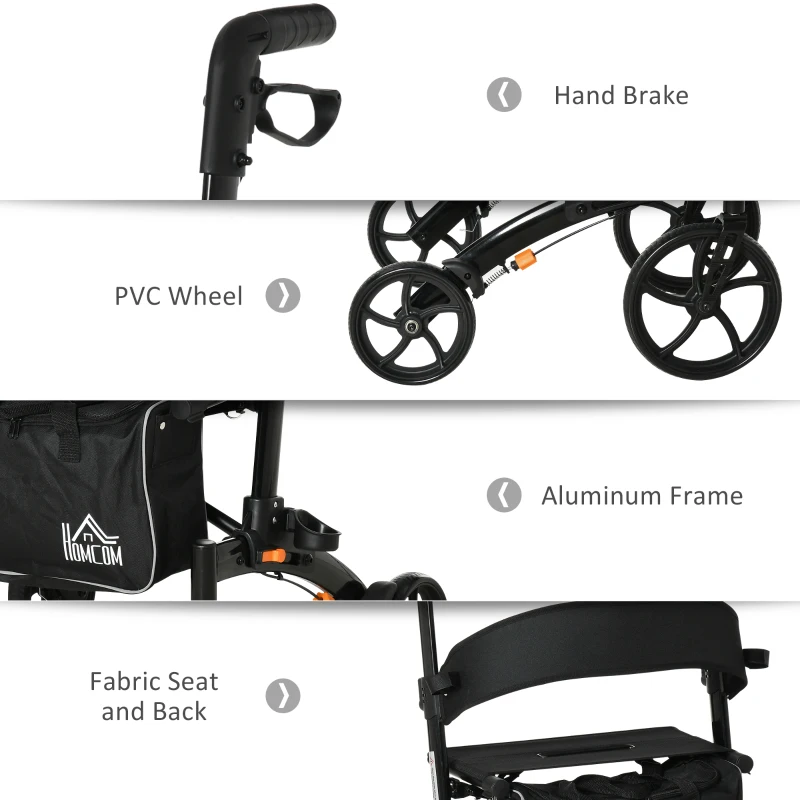 HOMCOM Aluminum Rollator Walker for Seniors and Adults with 10'' Wheels FSA HSA Eligible, Seat and Backrest, Folding Rolling Walker with Adjustable Handle and Storage Bag, Support up to 300lbs, Black