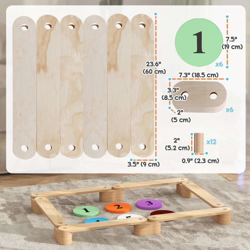 Qaba 6 PC Wooden Balance Beam for Kids, for Coordination, for Indoor Outdoor