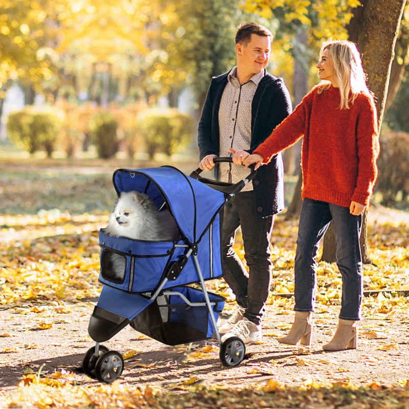PawHut 3 Wheels Foldable Dog Stroller with Storage Basket, Adjustable Canopy, Cupholder for Miniature and Small Dogs, Blue