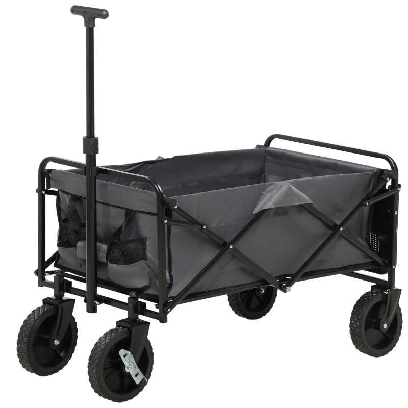 Outsunny Foldable Wagon Garden Carts with Wheels and Side Table, Gray