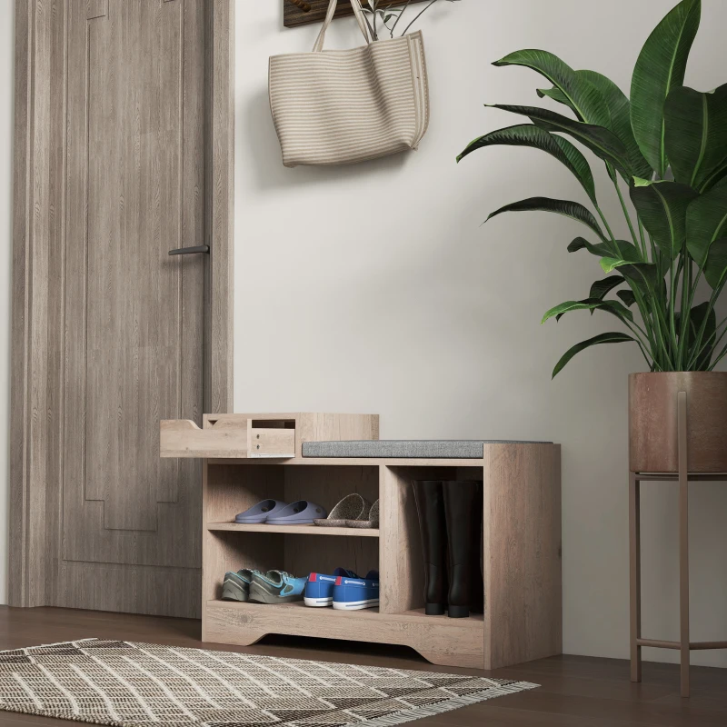 HOMCOM Upholstered Shoe Storage Bench, Hallway Shoe Storage with Seat, Drawer, 3 Open Shelves for Entryway, Grey