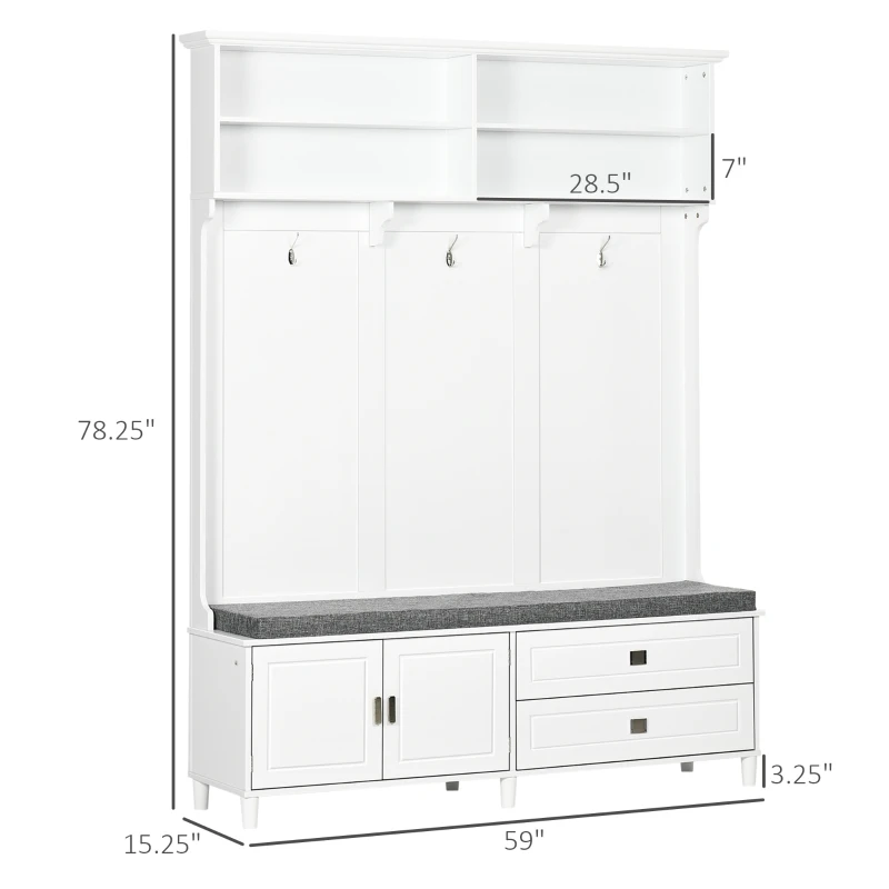 HOMCOM Hall Tree with Storage Bench, Entryway Bench with Coat Rack, Accent Coat Tree with Storage Shelves, Cabinet and Drawers for Hallway, Mudroom, White