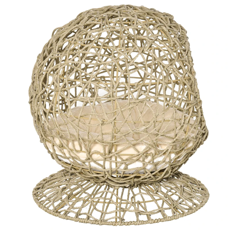 PawHut Rattan Elevated Cat Bed Kitty Condo with Comfortable Soft Cushion, Wicker Construction and Round Base, Brown