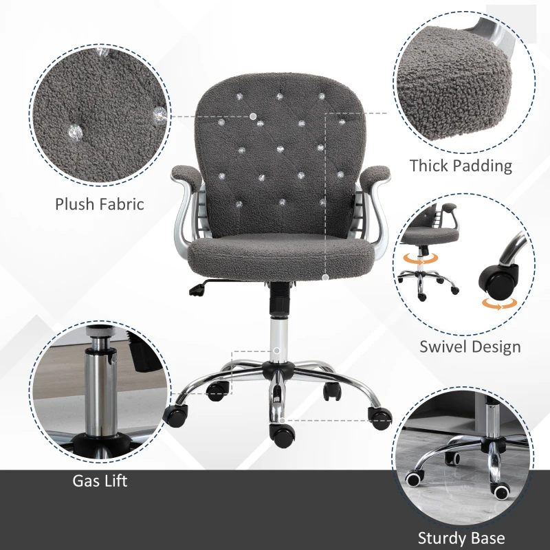 Vinsetto Button Tufted Desk Chair, Home Office Chair with Padded Armrests, Adjustable Height and Swivel Wheels, Dark Gray