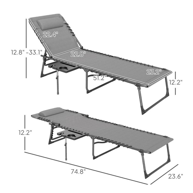 Outsunny Folding Outdoor Chaise Lounge Chair Tanning Chair with 5-Level Adjustable Back, Side Table, Pillow, Pocket, Gray