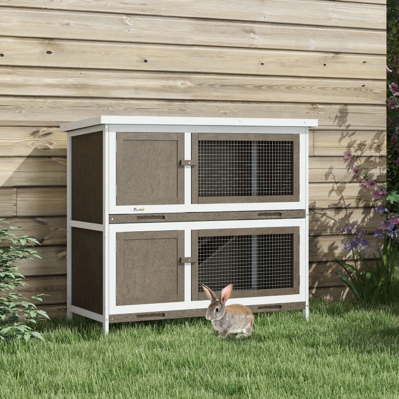 PawHut Wooden Bunny Hutch with Ramp, Indoor/Outdoor, Brown