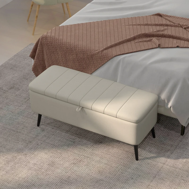 HOMCOM 40" Ottoman with Storage, Linen Upholstered Storage Ottoman Bench with Steel Legs for Living Room, Bedroom Cream White