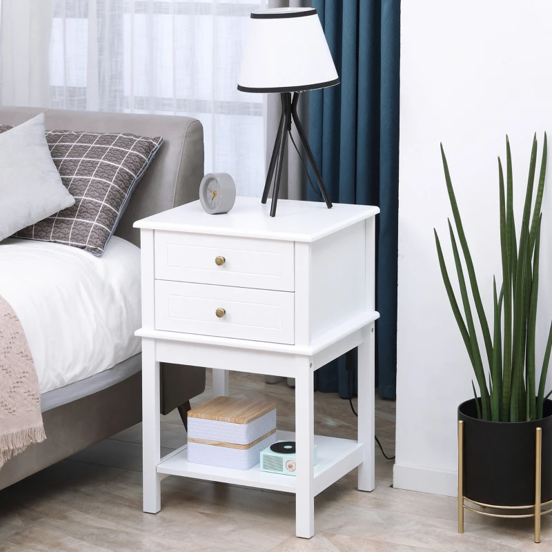 HOMCOM Side Table with 2 Storage Drawers, Modern End Table with Bottom Shelf for Living Room, Home Office, White