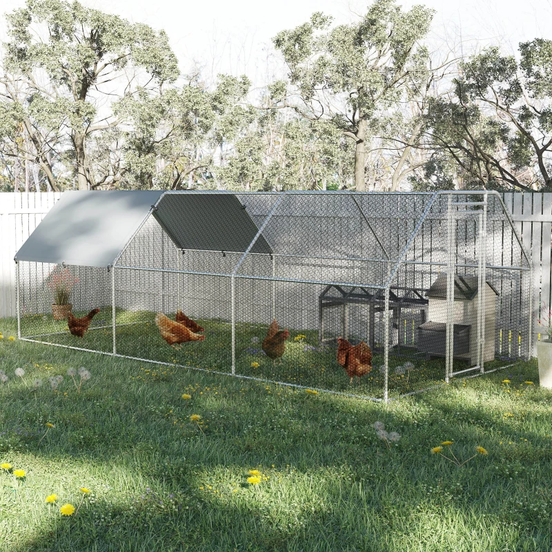 PawHut Large Chicken Coop Metal Chicken Run for Chickens with Waterproof and Anti-UV Cover, Flat Shaped Walk in Fence Cage Hen House for Outdoor and Yard Farm Use, 1.26" Dia, 9' x 18.5' x 6.5'