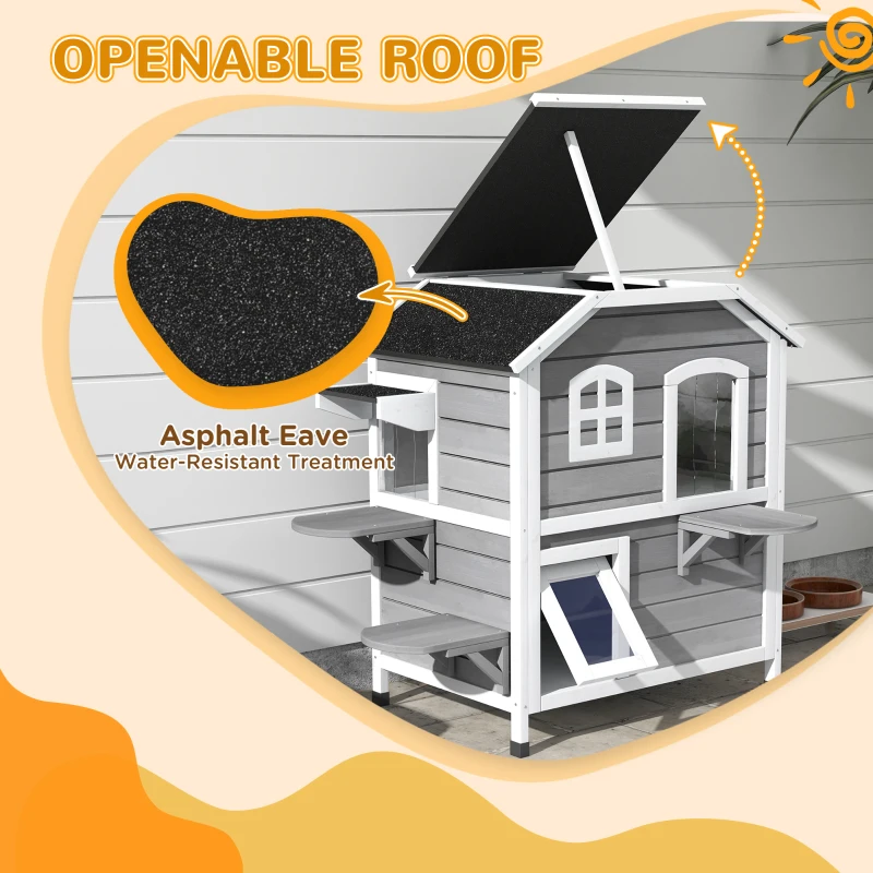 PawHut 2-Storey Outdoor Cat House, Wooden Catio with Openable Roof, Lounge Space, Fun Entrances, for Feral Cats, Grey