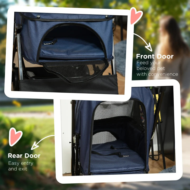 PawHut 4 Wheels Pet Stroller with Reversible Handle, Foldable Cat Dog Travel Carriage with EVA Wheel Brake, 3-stage Canopy, Mesh Window Door, Dark Blue