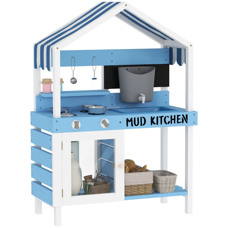 Qaba Wooden Mud Kitchen for Kids Outdoor with Sink, Faucet, Water Tank, Storage Shelves, Accessories for Boys and Girls, Blue