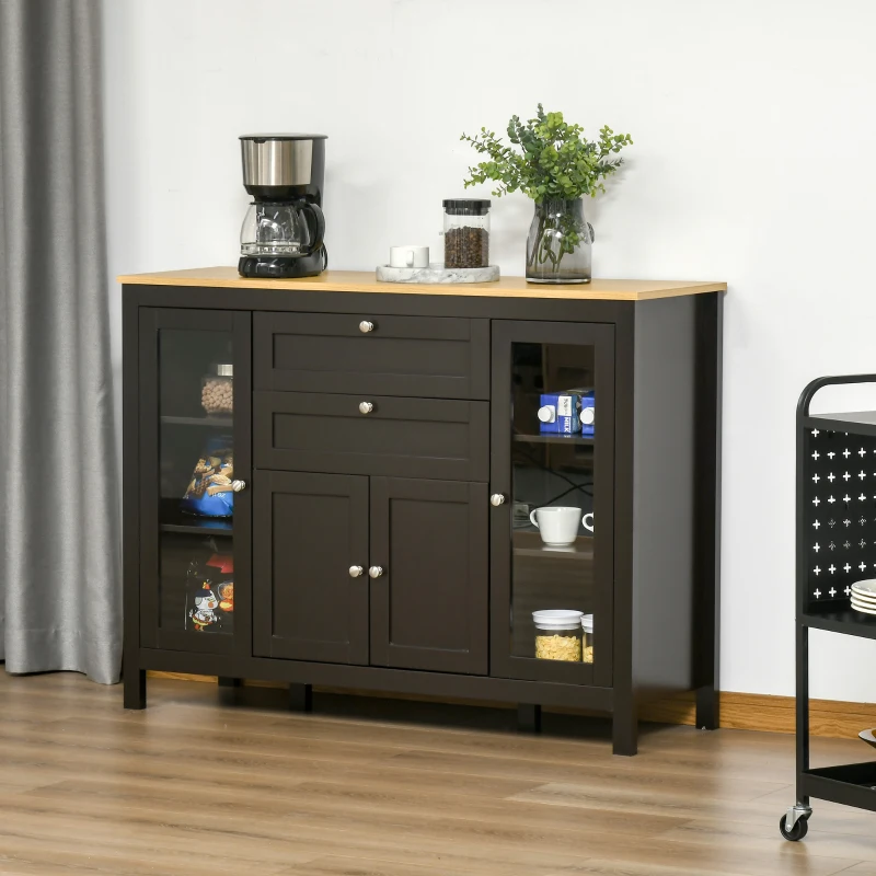 HOMCOM 47" Sideboard, Buffet Cabinet with Rubber Wood Top, Glass Door, Coffee Bar Cabinet, Kitchen Cabinet with Drawers, Adjustable Shelving for Living Room, Brown