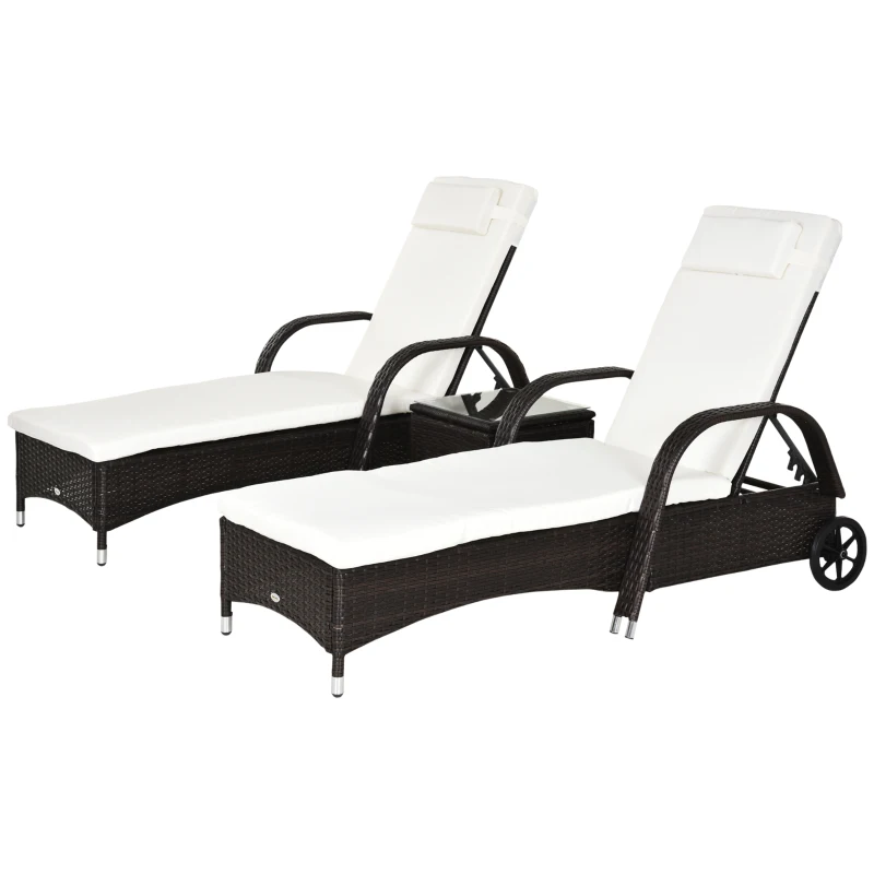 Outsunny 3 Pieces Wicker Patio Lounger Set with Table, PE Rattan Outdoor Lounge Chair Set with Cushions, Wheels, 5-Level Reclining Backrest, Headrest, Brown/Cream