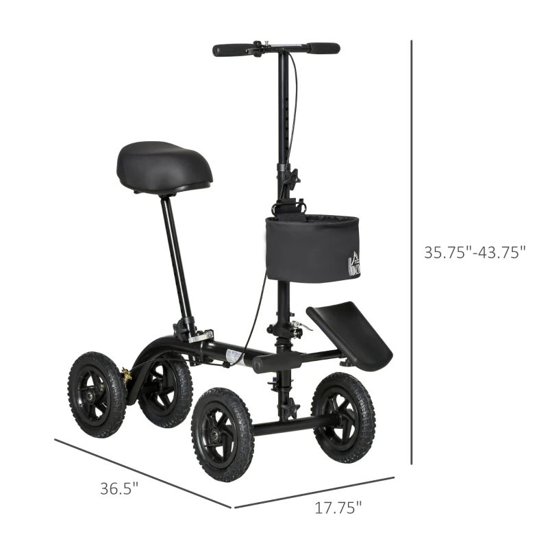 HOMCOM Seated Walker, Foldable Steerable Medical Scooter, Compact Crutch Alternative with Braking System and Storage Bag, Black