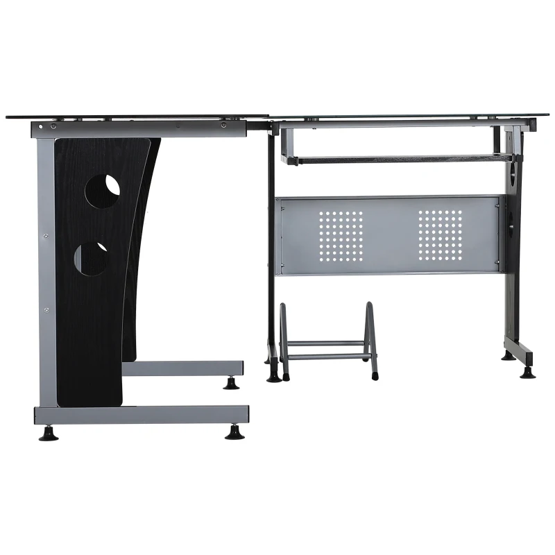 HOMCOM L-Shaped Corner Computer Desk Gaming Table Home Office Workstation Glass Top P2 MDF with Keyboard Tray - Black