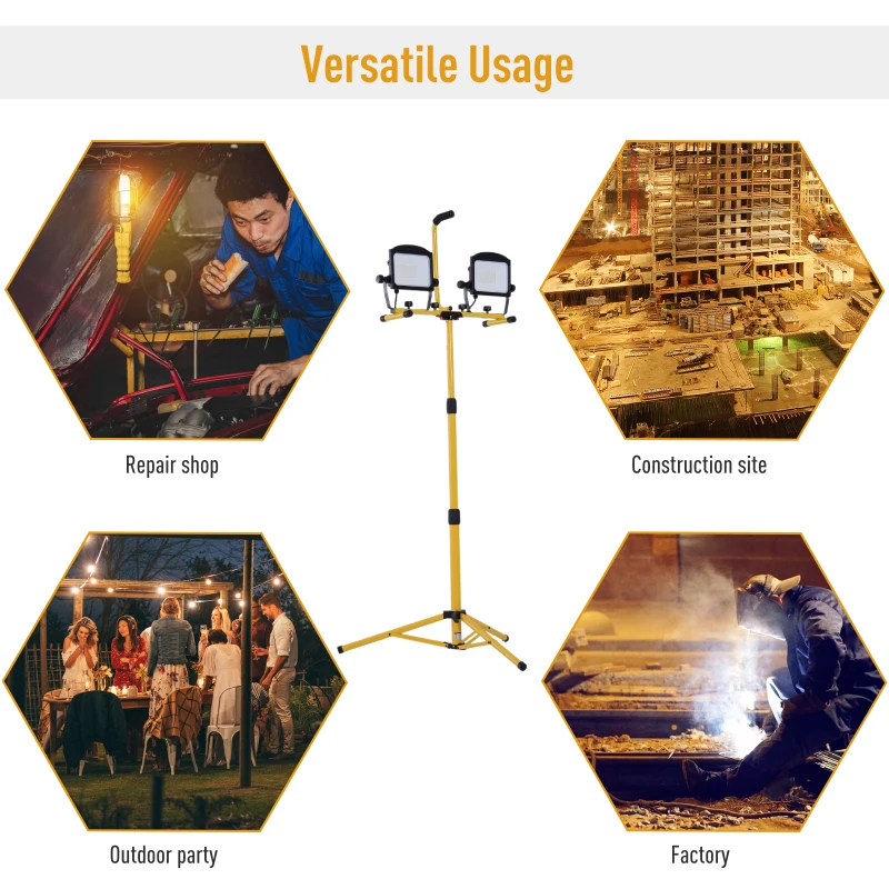 HOMCOM 10,000 Lumen Dual Head LED Work Lights with Stand, Weather Resistant Daylight with Telescoping Adjustable Tripod Stand, Rotating Lamps