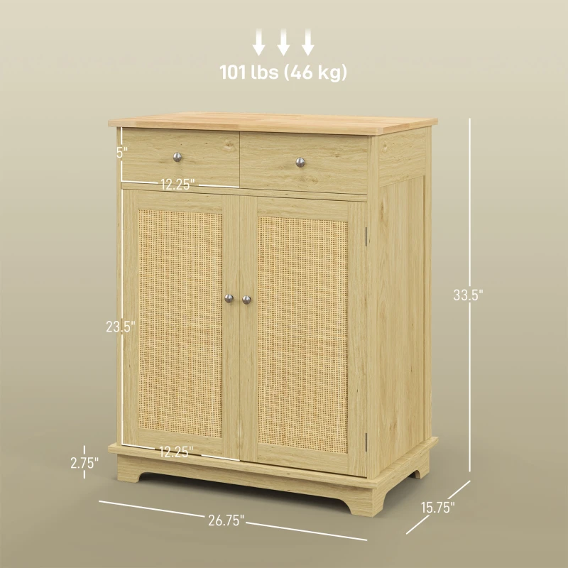 HOMCOM Kitchen Storage Cabinet, Sideboard Floor Cupboard with Solid Wood Top, Adjustable Shelf, and 2 Drawers, Natural